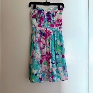 Parker Floral Watercolor Strapless Silk Mini Dress Pink/Blue/Green - Large